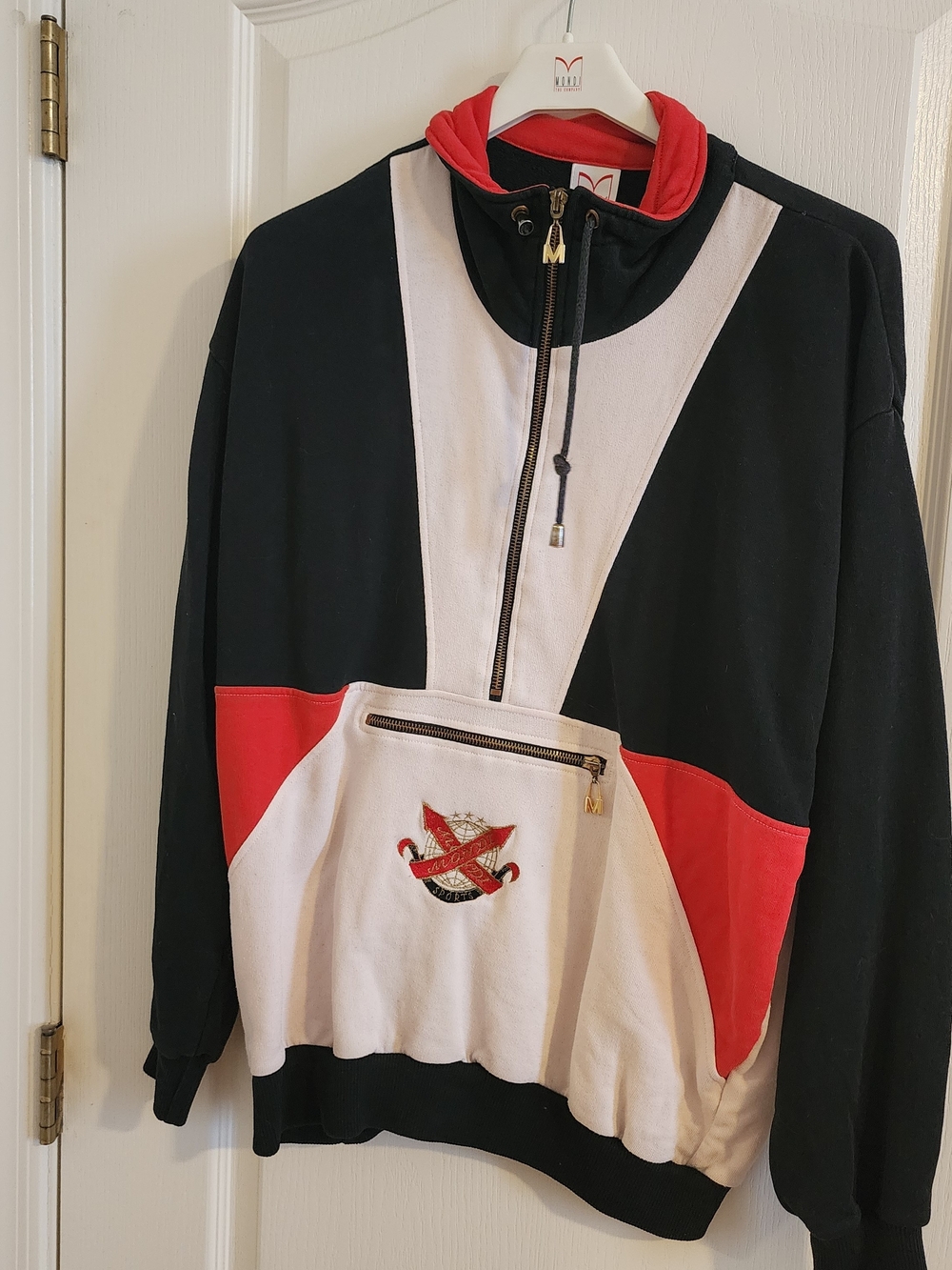 Mondi Black, White & Red Zip-Up Sweater with Crest